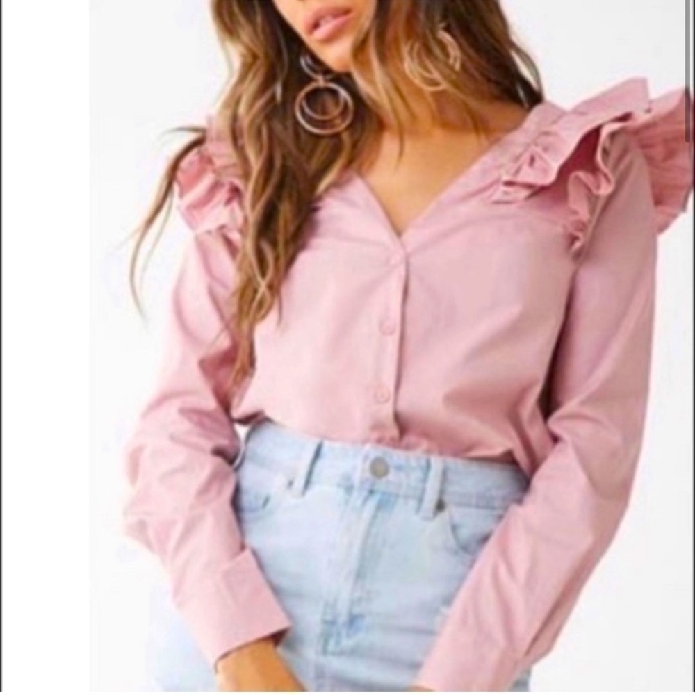 Essue Poplin Ruffle Button Down Shirt Statement Sleeves